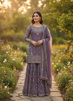 Anarkali Sharara Set with Sequence &amp; Rivet Moti Work – 3 Piece Fully Stitched