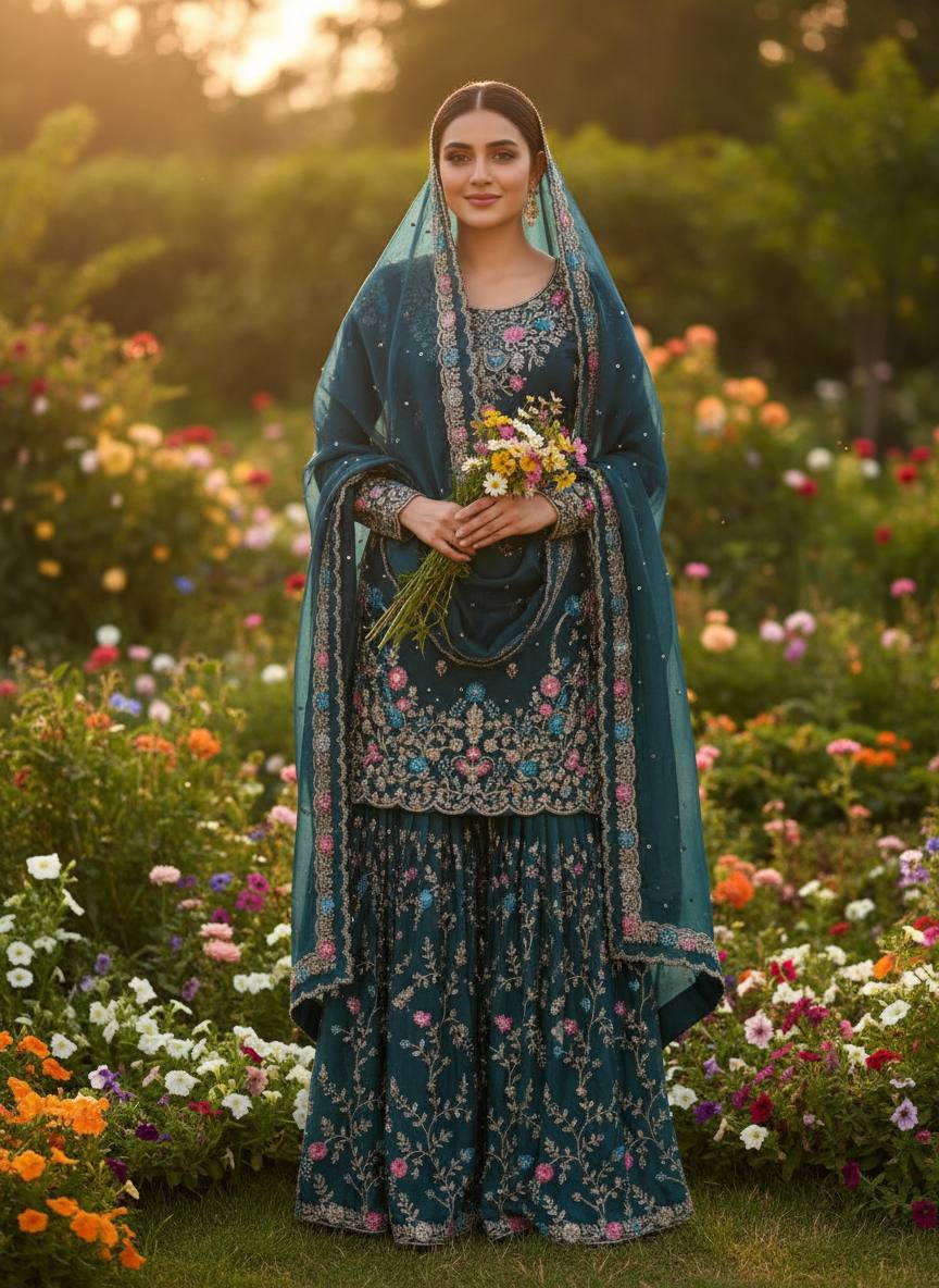 Anarkali Sharara Set with Sequence &amp; Rivet Moti Work – 3 Piece Fully Stitched