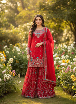 Anarkali Sharara Set with Sequence &amp; Rivet Moti Work – 3 Piece Fully Stitched