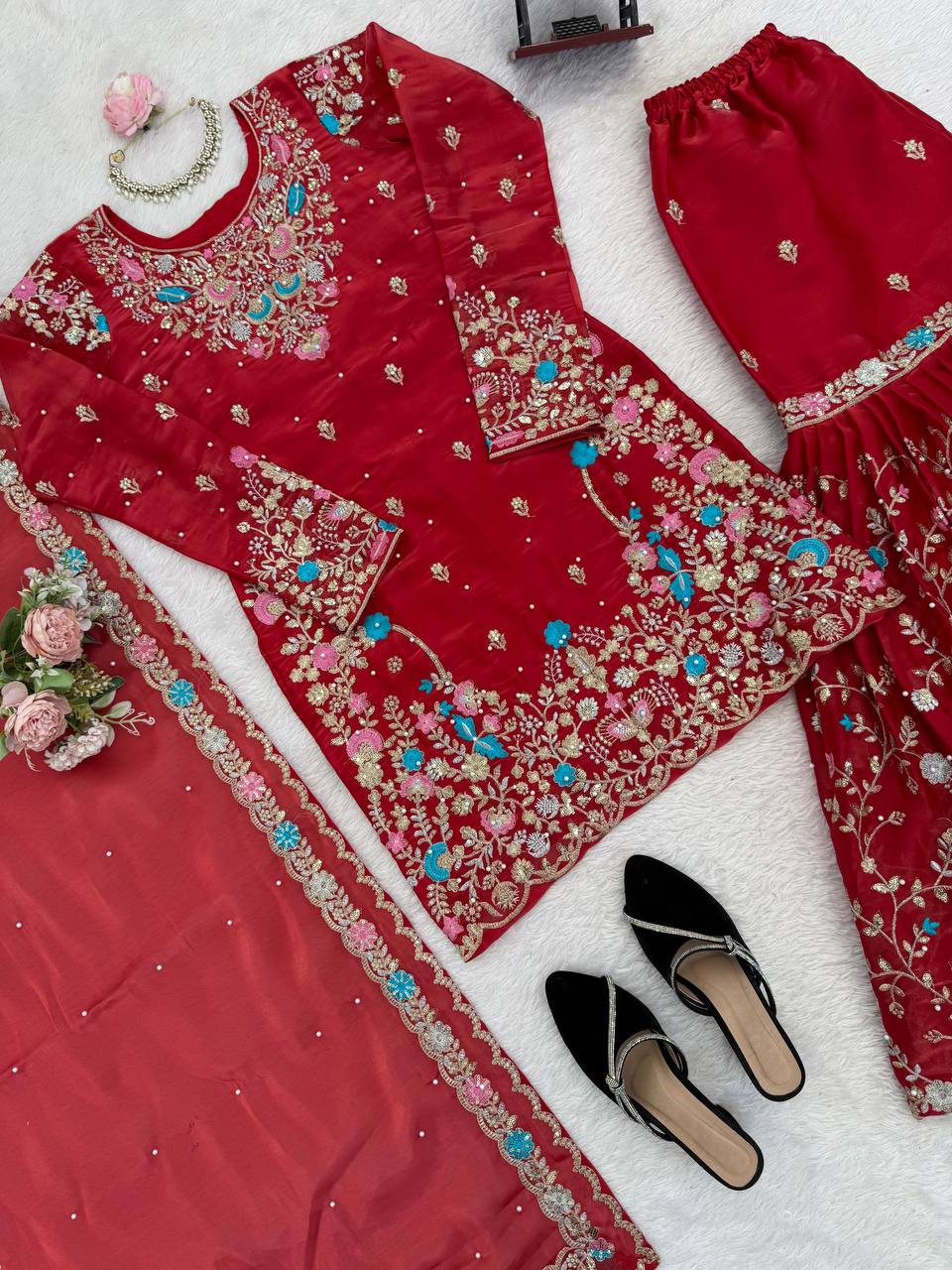 Anarkali Sharara Set with Sequence &amp; Rivet Moti Work – 3 Piece Fully Stitched