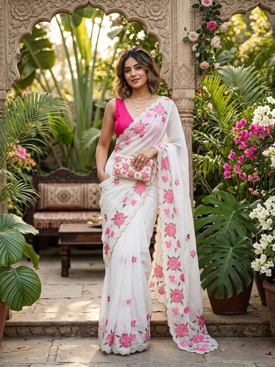 Super Rich Flower Print Saree with Handwork &amp; Matching Rani Blouse