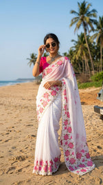 Super Rich Flower Print Saree with Handwork &amp; Matching Rani Blouse