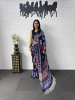 Premium Japan Satin Semi Gajji Silk Bandhani Saree with Peacock Pallu &amp; Mirror Lace Border
