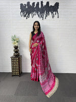 Premium Japan Satin Semi Gajji Silk Bandhani Saree with Peacock Pallu &amp; Mirror Lace Border
