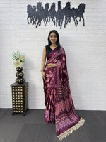 Premium Japan Satin Semi Gajji Silk Bandhani Saree with Peacock Pallu &amp; Mirror Lace Border