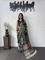 Premium Japan Satin Semi Gajji Silk Bandhani Saree with Peacock Pallu &amp; Mirror Lace Border