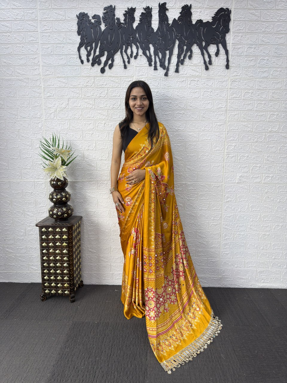 Premium Japan Satin Semi Gajji Silk Bandhani Saree with Peacock Pallu &amp; Mirror Lace Border