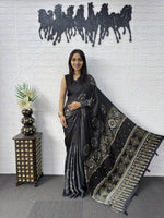Japan Satin Silk Saree with Real Mirror Work &amp; Viscose Latkan Pallu Border&nbsp;