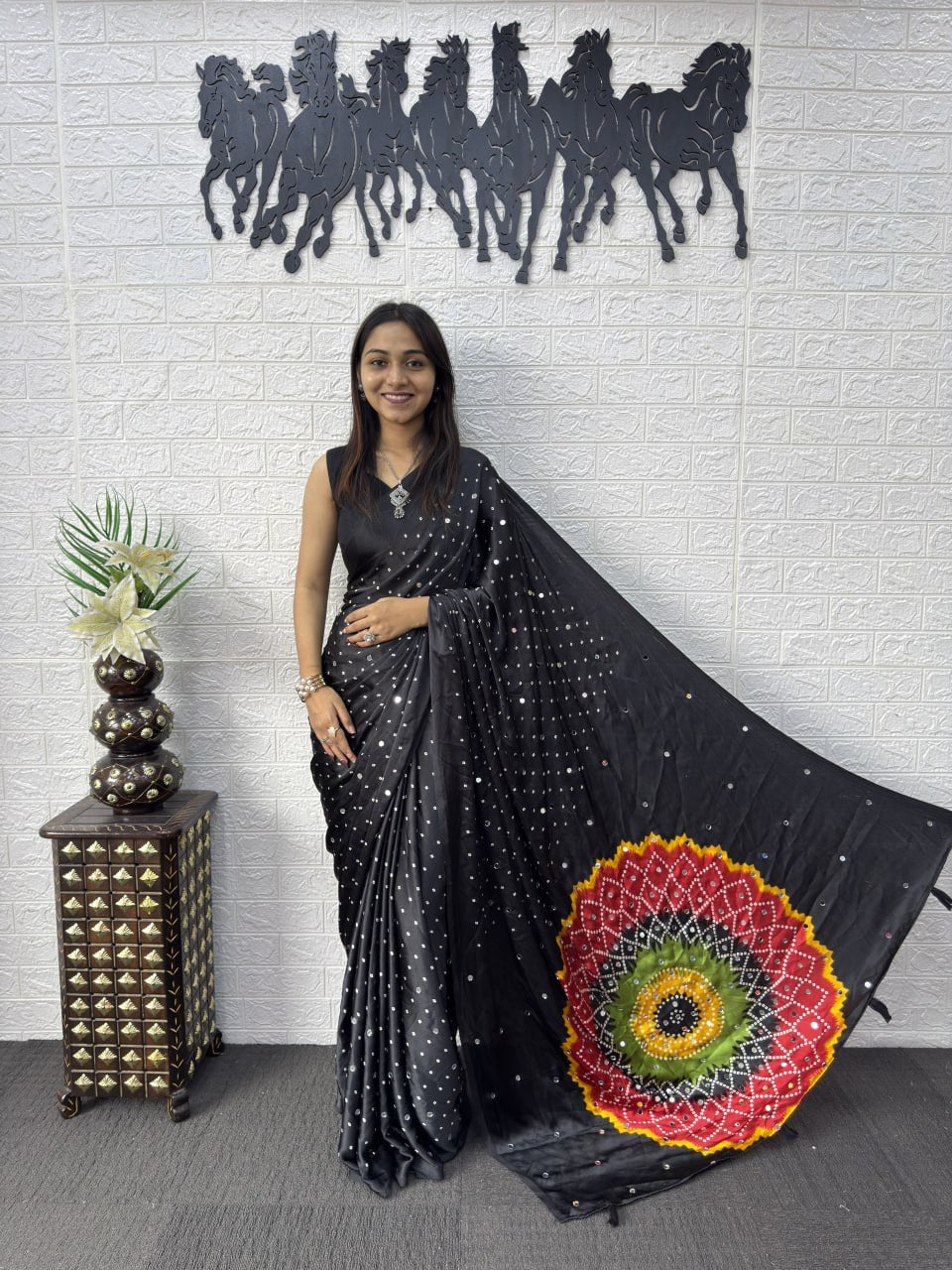 Japan Satin Silk Saree with Real Mirror Work &amp; Viscose Latkan Pallu Border