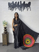 Japan Satin Silk Saree with Real Mirror Work &amp; Viscose Latkan Pallu Border