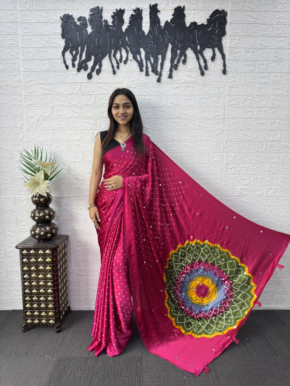Japan Satin Silk Saree with Real Mirror Work &amp; Viscose Latkan Pallu Border