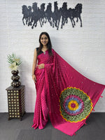 Japan Satin Silk Saree with Real Mirror Work &amp; Viscose Latkan Pallu Border