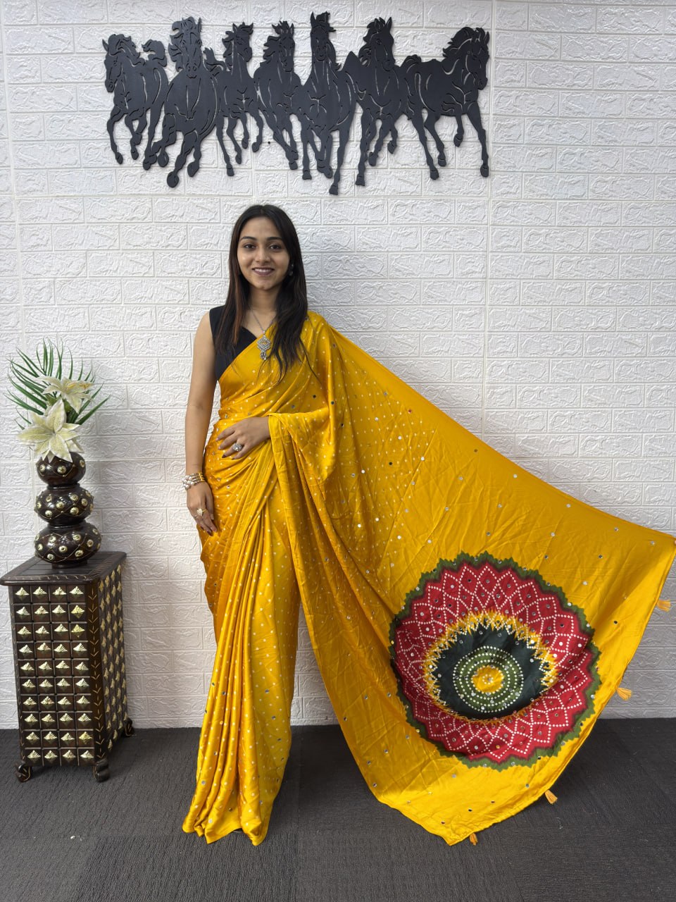 Japan Satin Silk Saree with Real Mirror Work &amp; Viscose Latkan Pallu Border