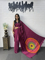 Japan Satin Silk Saree with Real Mirror Work &amp; Viscose Latkan Pallu Border