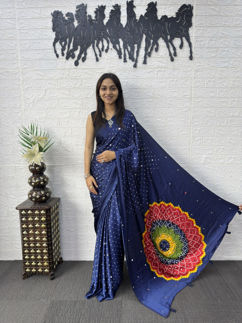 Japan Satin Silk Saree with Real Mirror Work &amp; Viscose Latkan Pallu Border