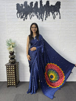 Japan Satin Silk Saree with Real Mirror Work &amp; Viscose Latkan Pallu Border