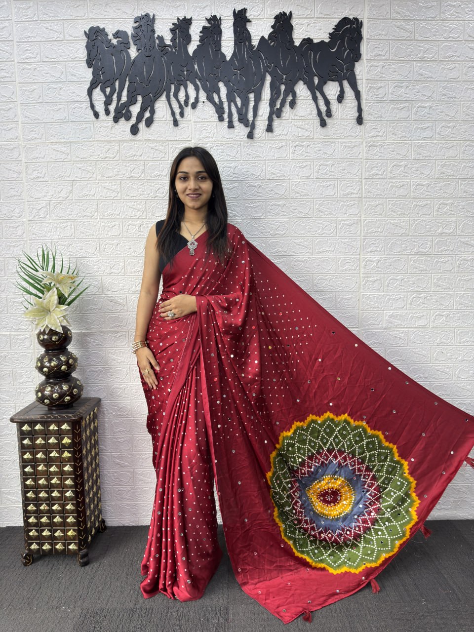 Japan Satin Silk Saree with Real Mirror Work &amp; Viscose Latkan Pallu Border