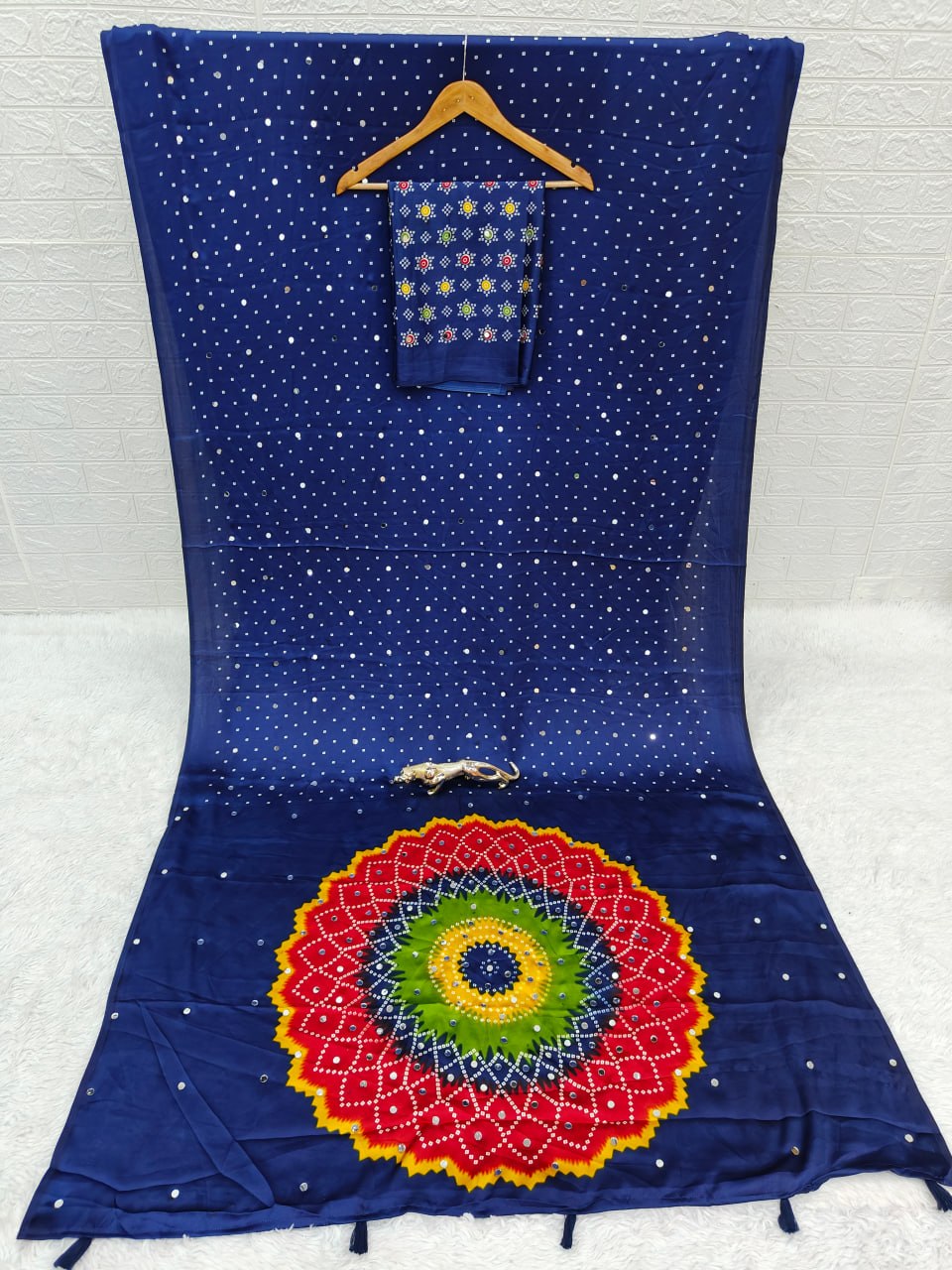 Japan Satin Silk Saree with Real Mirror Work &amp; Viscose Latkan Pallu Border