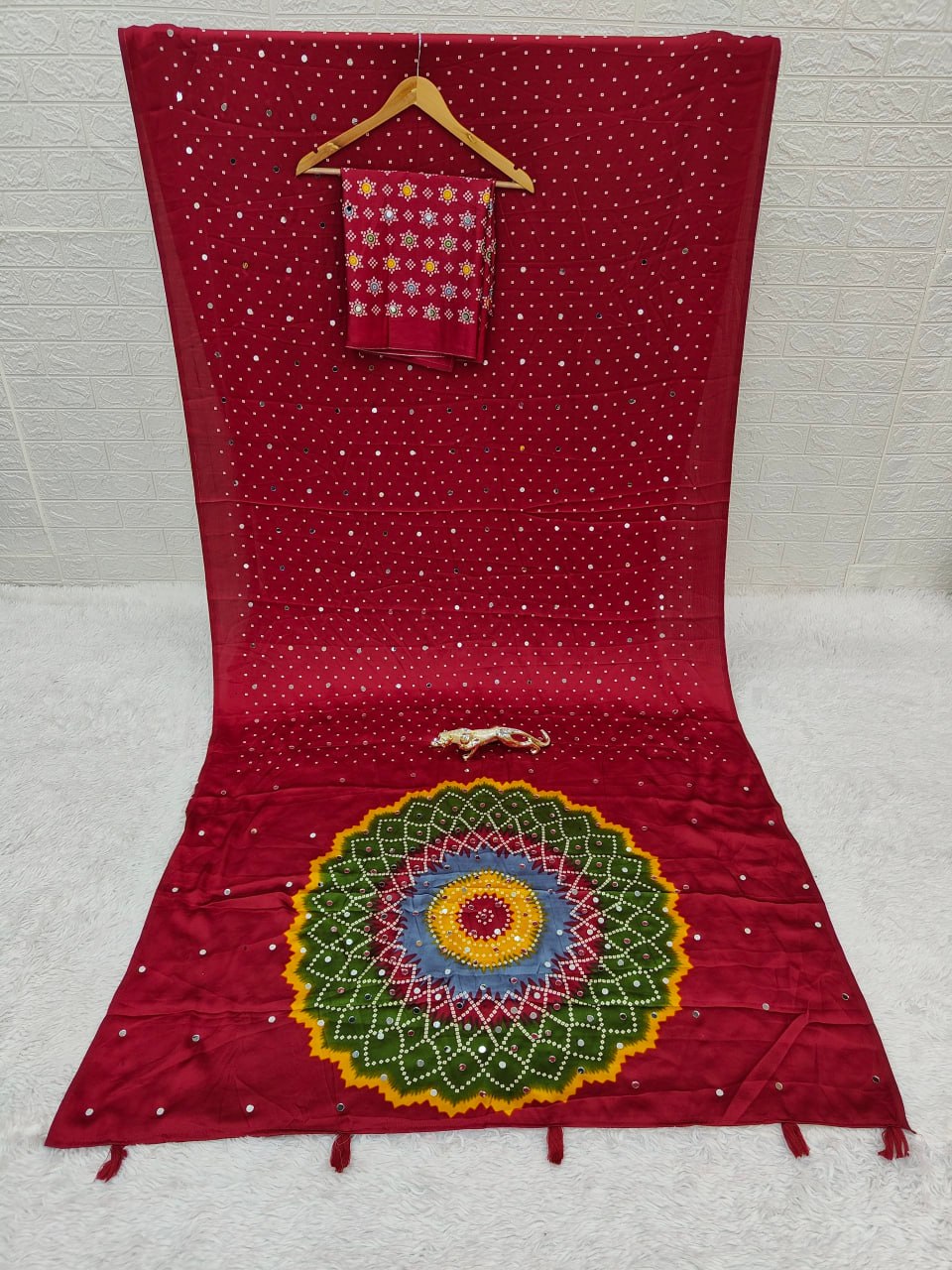 Japan Satin Silk Saree with Real Mirror Work &amp; Viscose Latkan Pallu Border