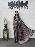 Japan Satin Silk Saree with Heavy Real Mirror Work &amp; Viscose Latkan Pallu Border