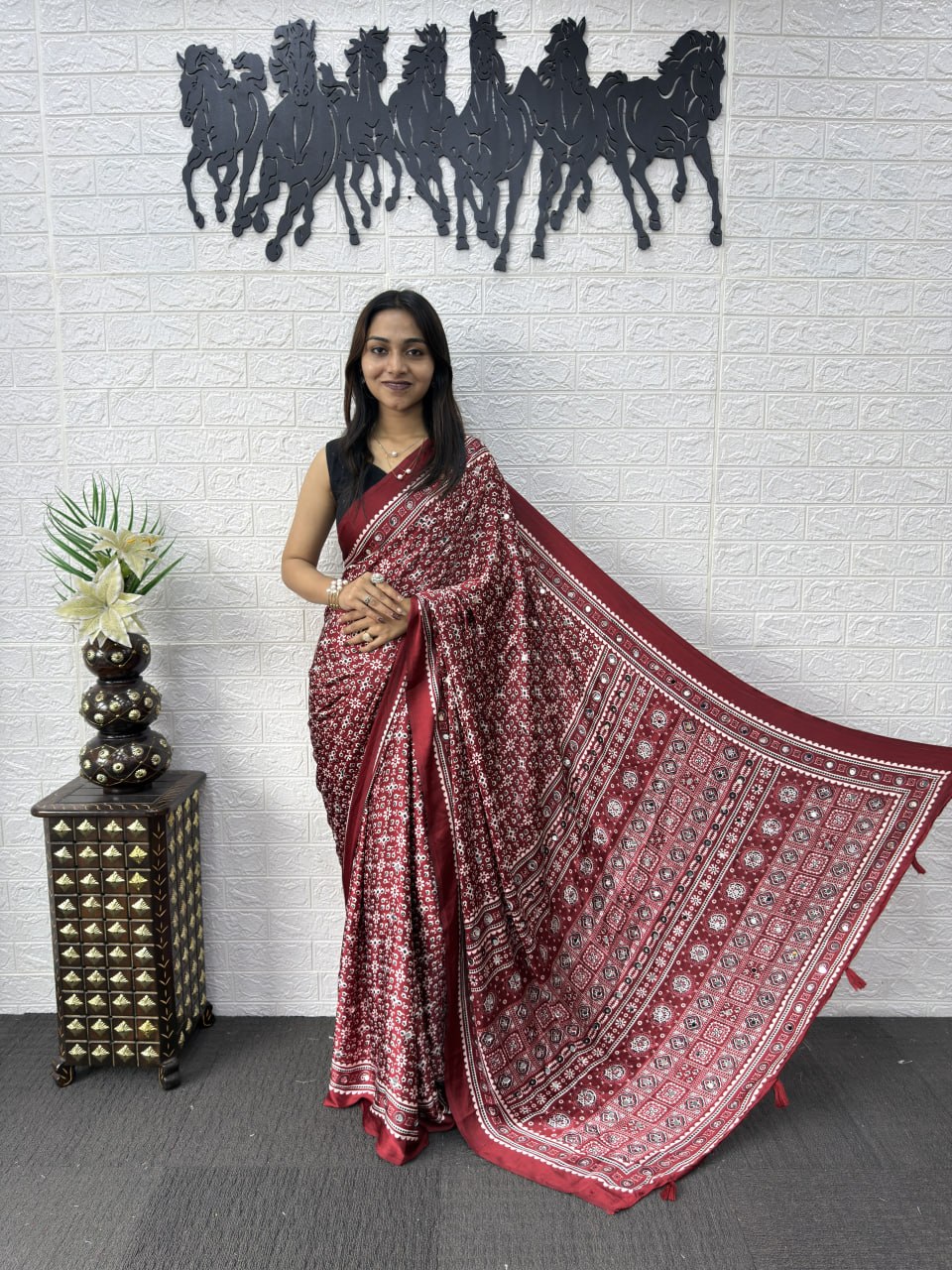 Japan Satin Silk Saree with Heavy Real Mirror Work &amp; Viscose Latkan Pallu Border