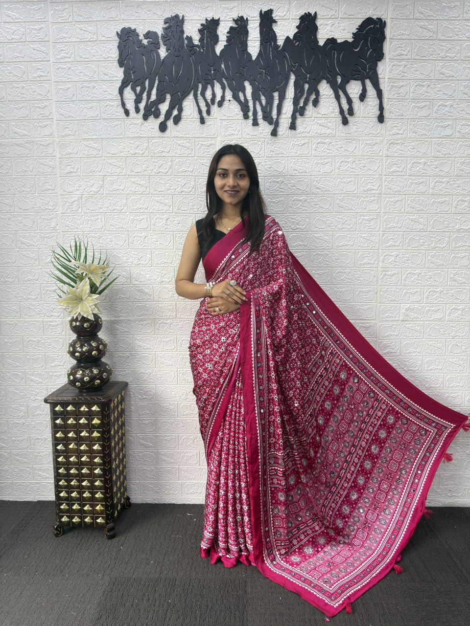 Japan Satin Silk Saree with Heavy Real Mirror Work &amp; Viscose Latkan Pallu Border