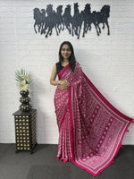 Japan Satin Silk Saree with Heavy Real Mirror Work &amp; Viscose Latkan Pallu Border