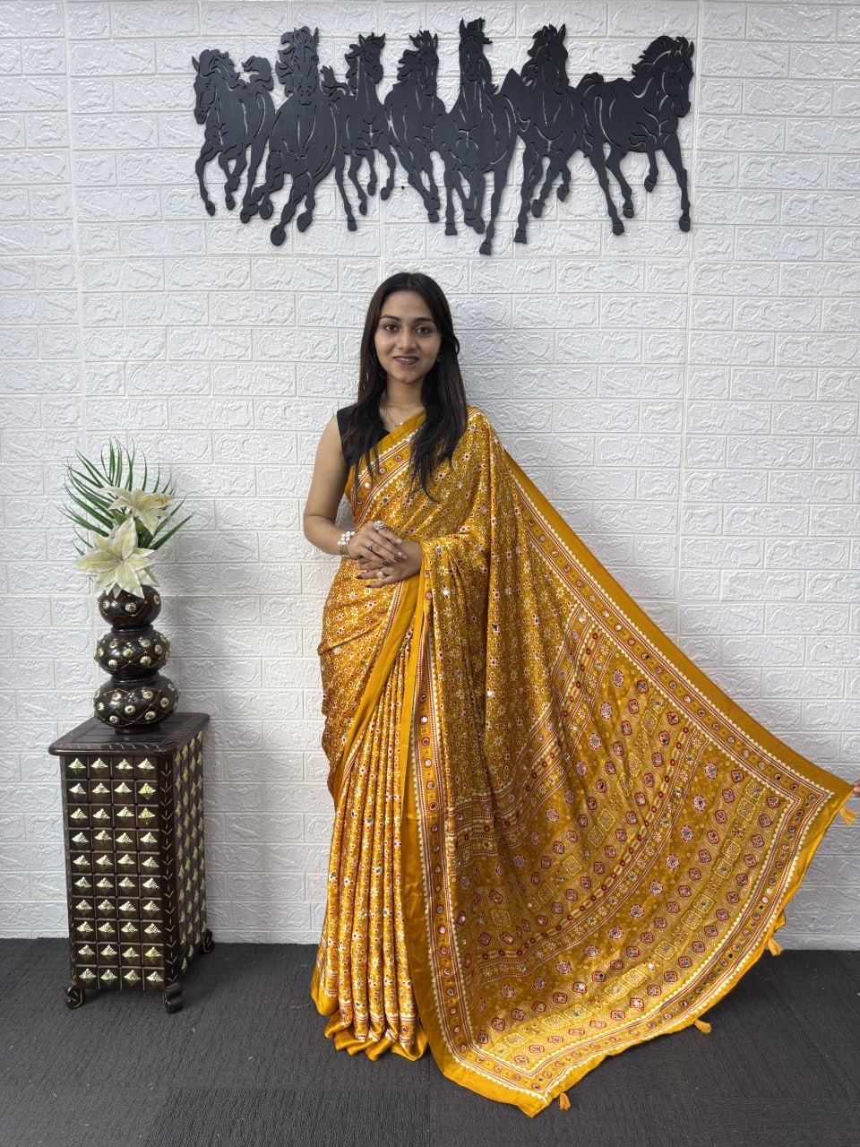 Japan Satin Silk Saree with Heavy Real Mirror Work &amp; Viscose Latkan Pallu Border