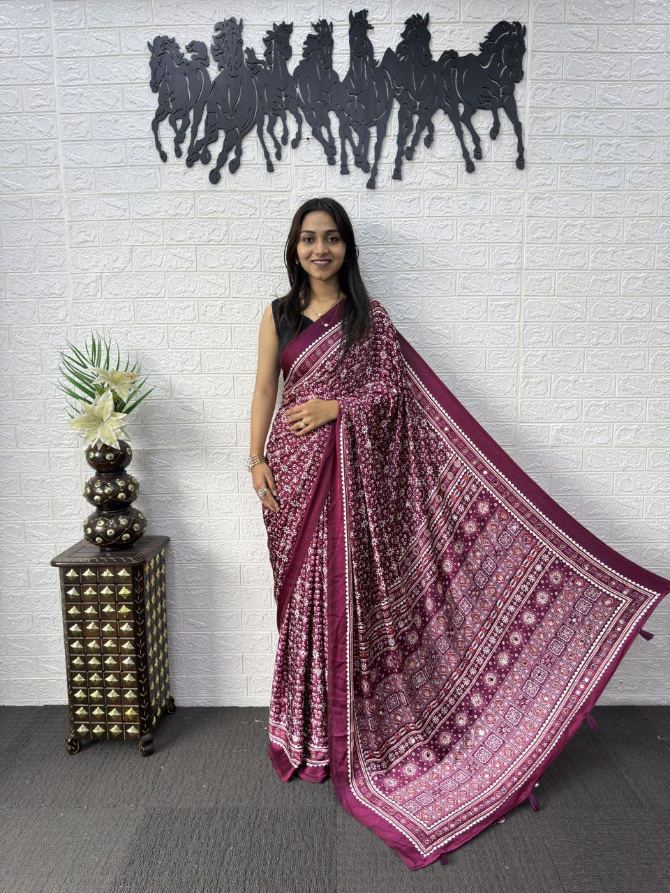 Japan Satin Silk Saree with Heavy Real Mirror Work &amp; Viscose Latkan Pallu Border