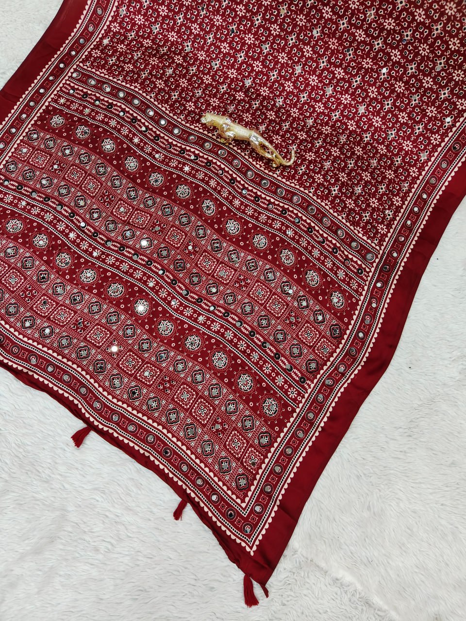Japan Satin Silk Saree with Heavy Real Mirror Work &amp; Viscose Latkan Pallu Border