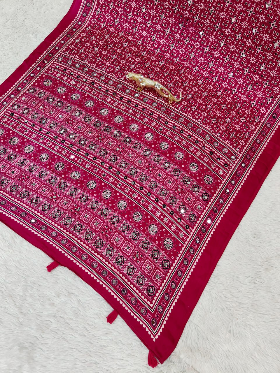 Japan Satin Silk Saree with Heavy Real Mirror Work &amp; Viscose Latkan Pallu Border