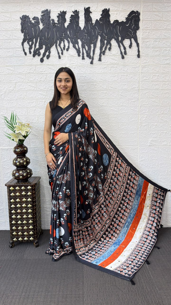 Japan Satin Silk Saree with Heavy Real Mirror Work &amp; Viscose Latkan Pallu Border