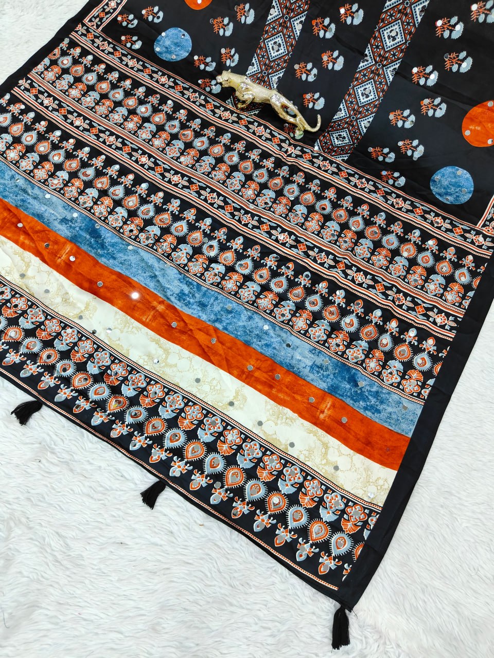 Japan Satin Silk Saree with Heavy Real Mirror Work &amp; Viscose Latkan Pallu Border