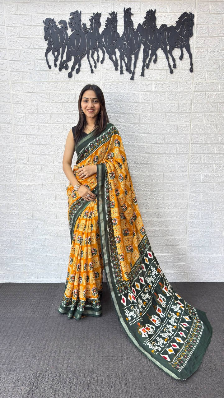 Heavy Mall Cotton Silk Saree with Traditional Print &amp; Elegant Border