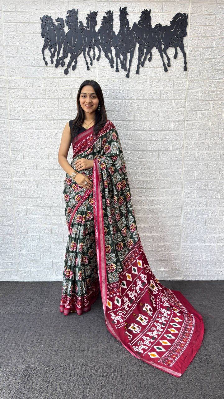 Heavy Mall Cotton Silk Saree with Traditional Print &amp; Elegant Border