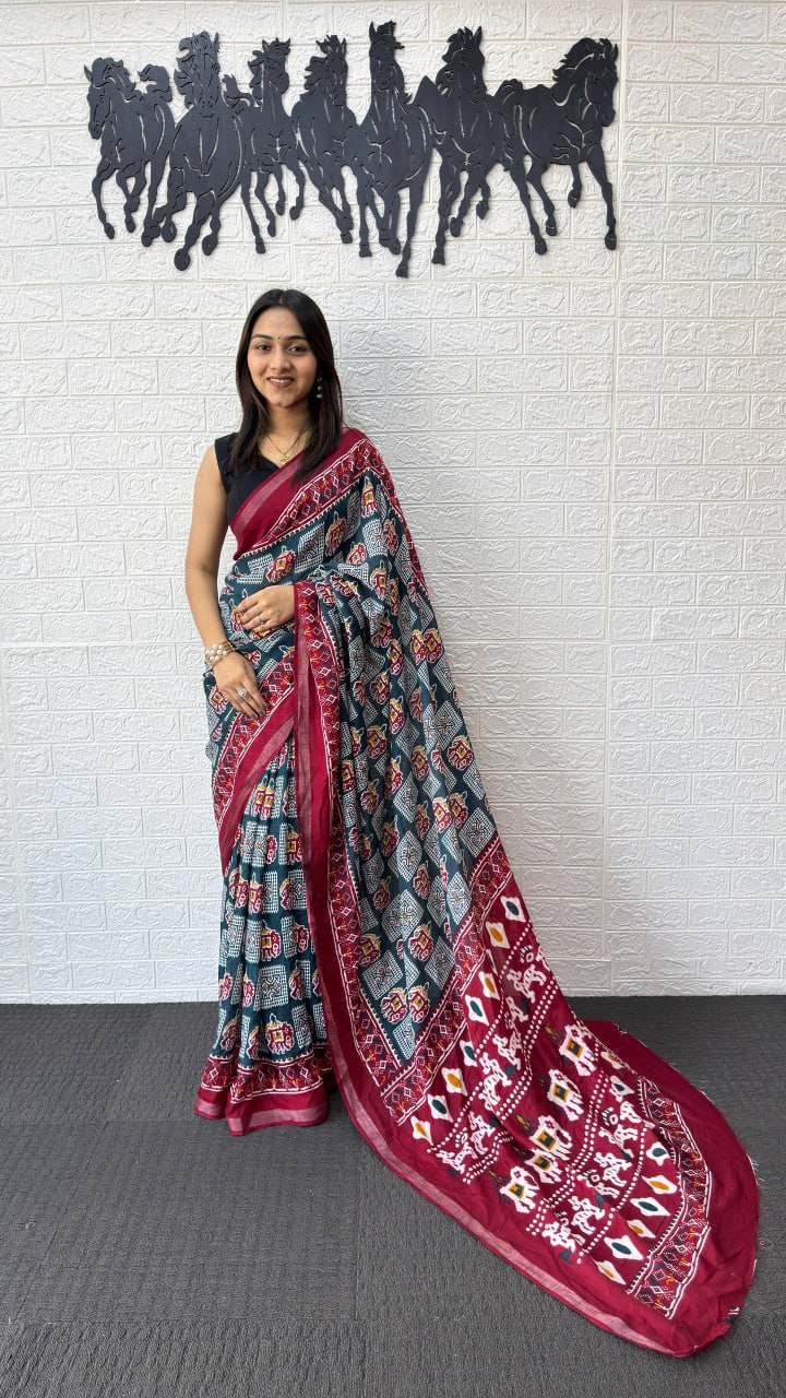 Heavy Mall Cotton Silk Saree with Traditional Print &amp; Elegant Border