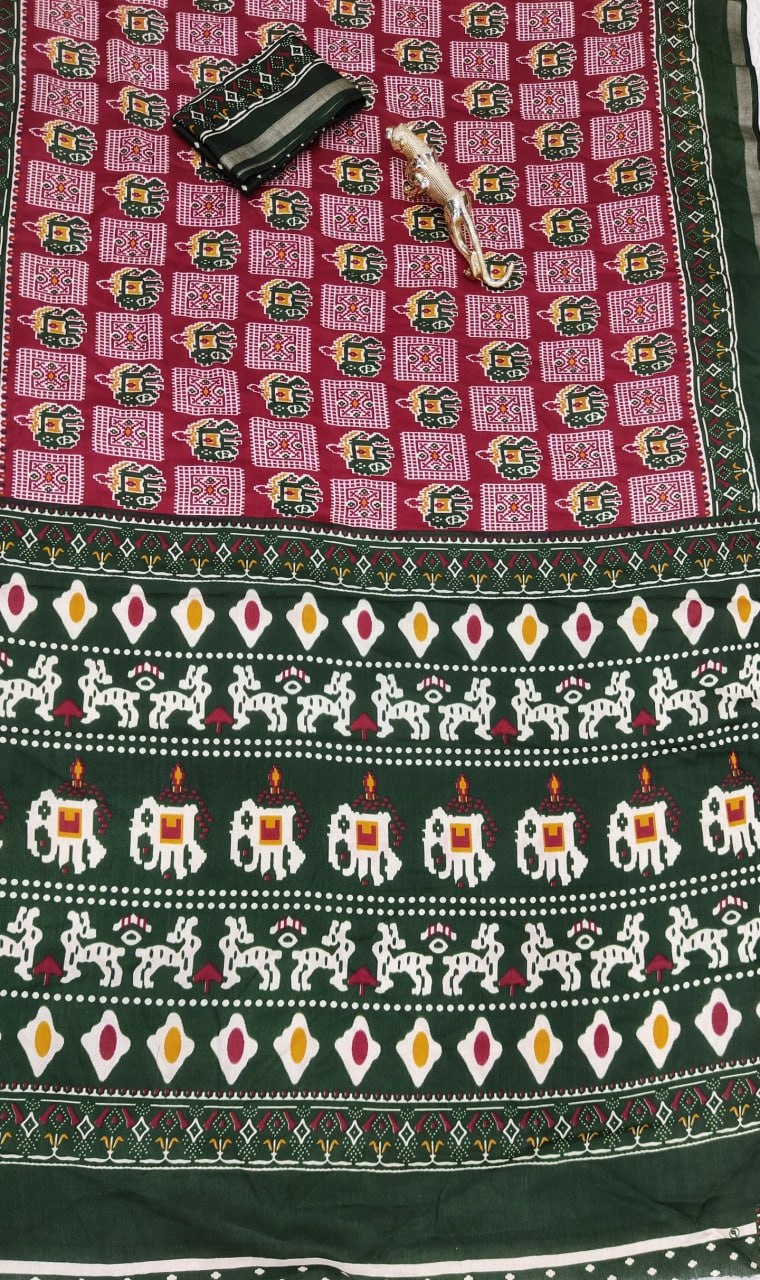 Heavy Mall Cotton Silk Saree with Traditional Print &amp; Elegant Border