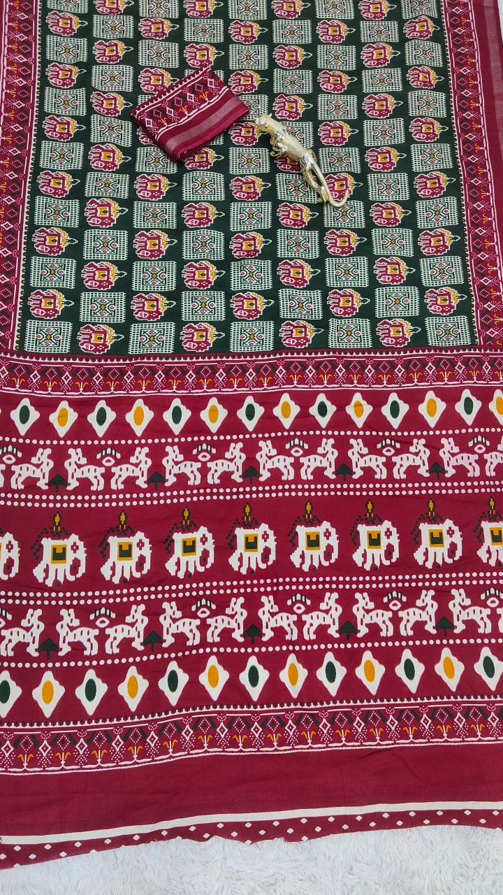 Heavy Mall Cotton Silk Saree with Traditional Print &amp; Elegant Border