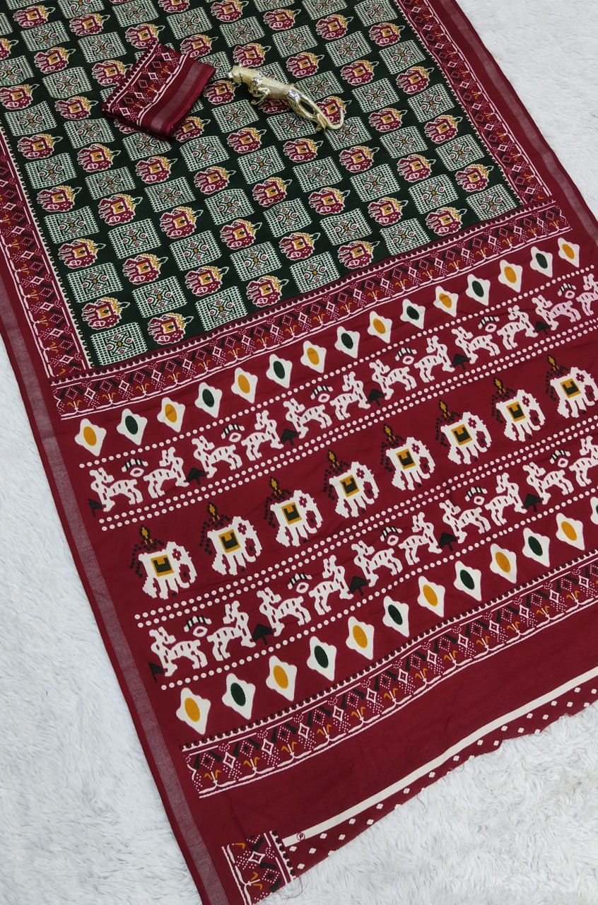 Heavy Mall Cotton Silk Saree with Traditional Print &amp; Elegant Border