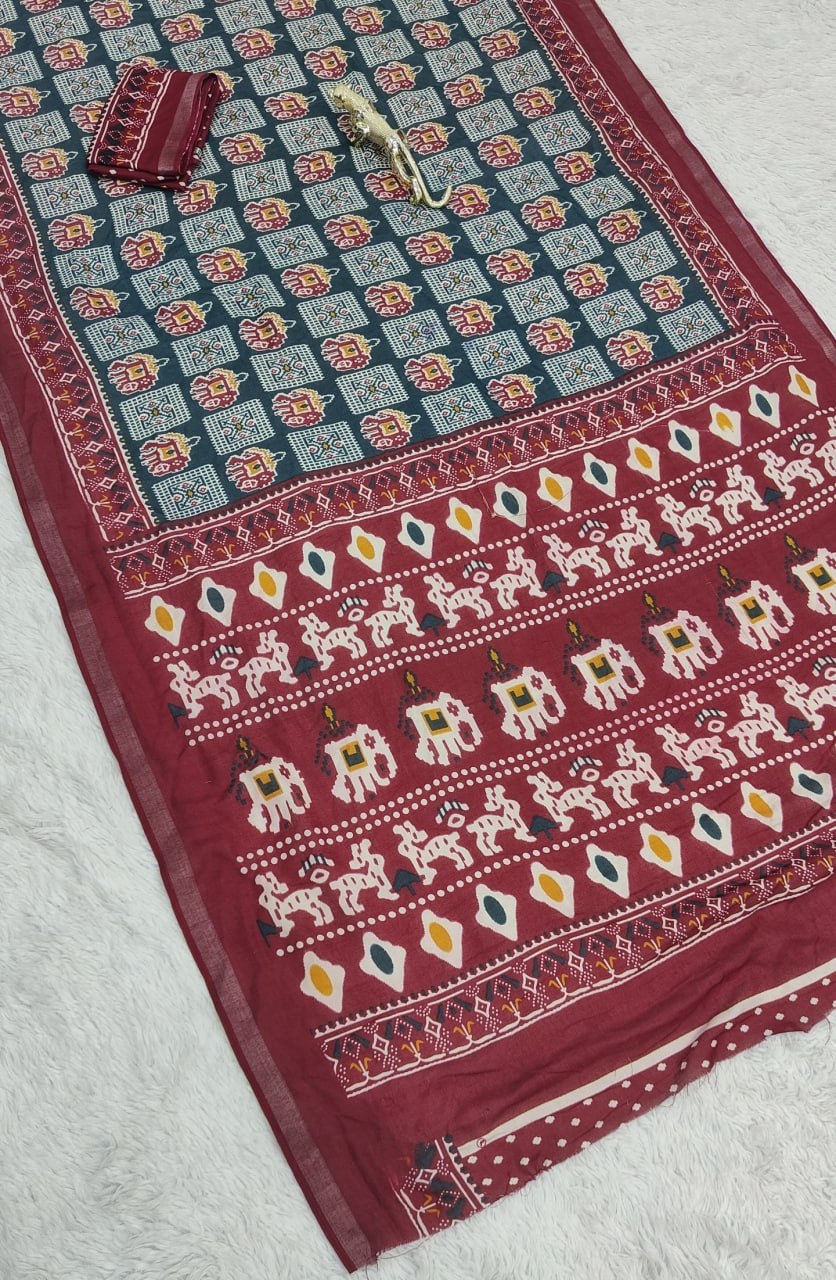 Heavy Mall Cotton Silk Saree with Traditional Print &amp; Elegant Border