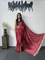 Premium Japan Satin Semi Gajji Silk Bandhani Saree with Peacock Pallu &amp; Mirror Lace Border