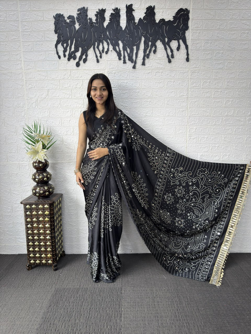 Premium Japan Satin Semi Gajji Silk Bandhani Saree with Peacock Pallu &amp; Mirror Lace Border