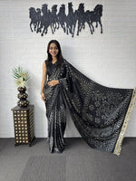 Premium Japan Satin Semi Gajji Silk Bandhani Saree with Peacock Pallu &amp; Mirror Lace Border