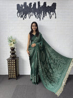 Premium Japan Satin Semi Gajji Silk Bandhani Saree with Peacock Pallu &amp; Mirror Lace Border