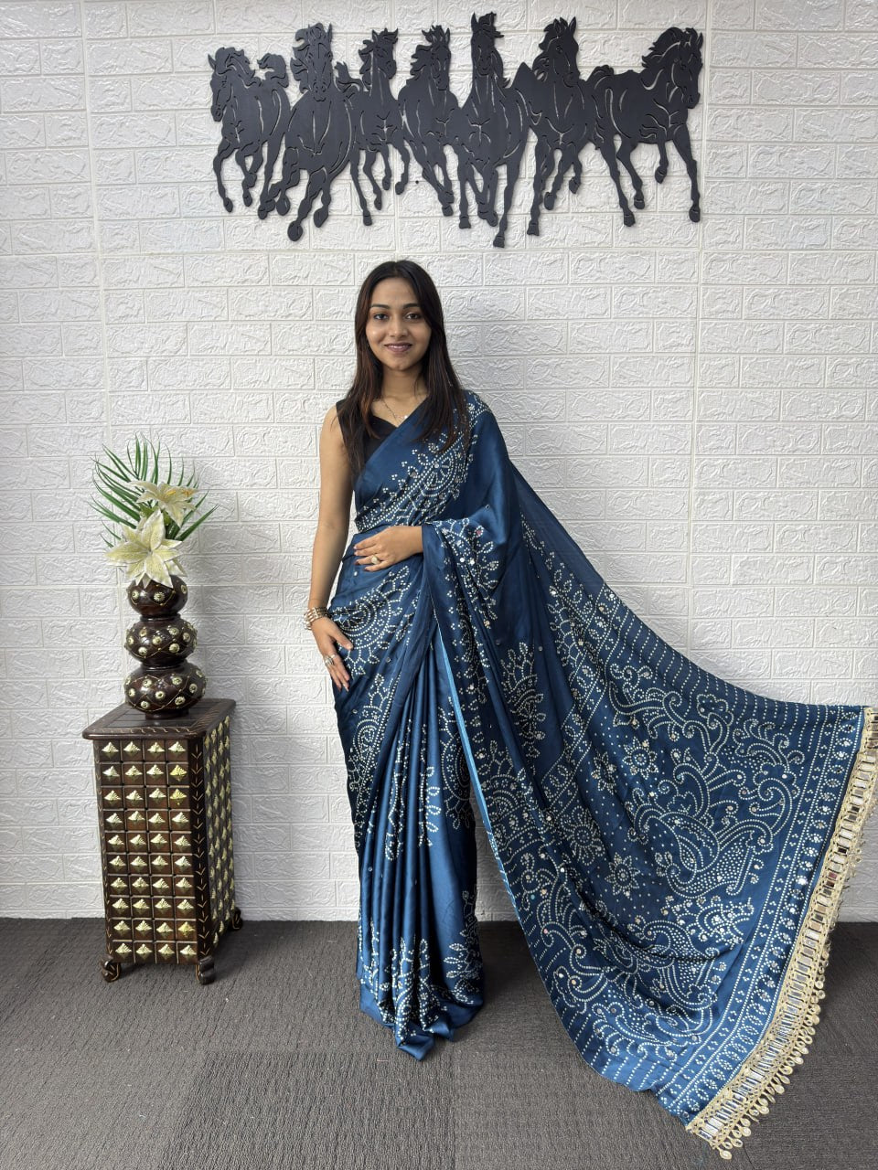 Premium Japan Satin Semi Gajji Silk Bandhani Saree with Peacock Pallu &amp; Mirror Lace Border
