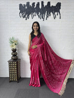 Premium Japan Satin Semi Gajji Silk Bandhani Saree with Peacock Pallu &amp; Mirror Lace Border