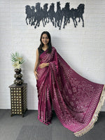 Premium Japan Satin Semi Gajji Silk Bandhani Saree with Peacock Pallu &amp; Mirror Lace Border