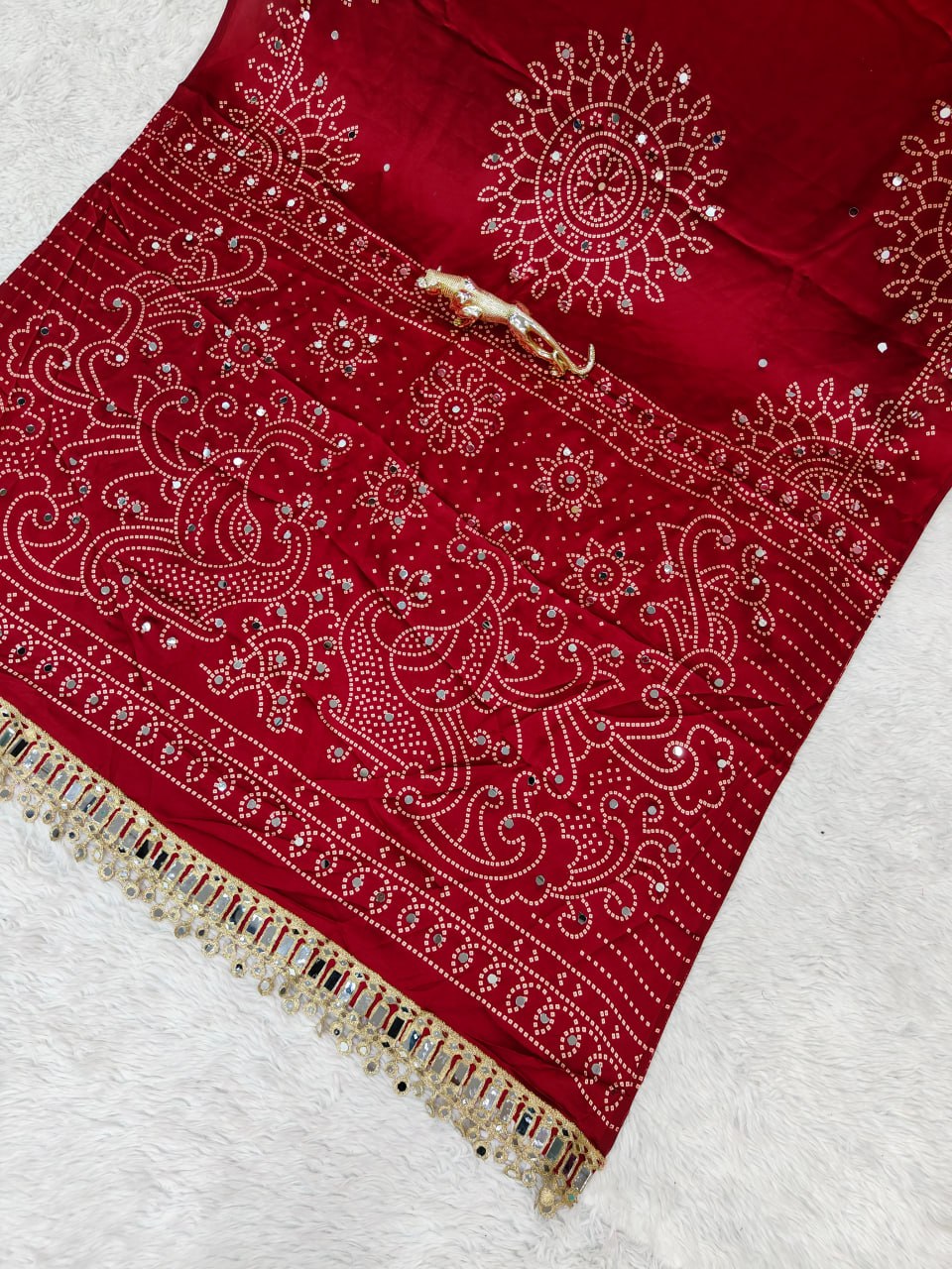 Premium Japan Satin Semi Gajji Silk Bandhani Saree with Peacock Pallu &amp; Mirror Lace Border