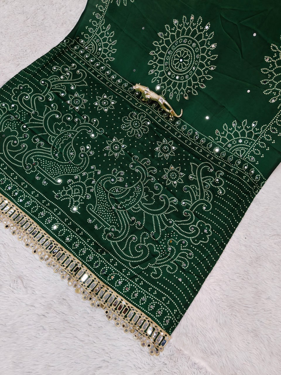 Premium Japan Satin Semi Gajji Silk Bandhani Saree with Peacock Pallu &amp; Mirror Lace Border
