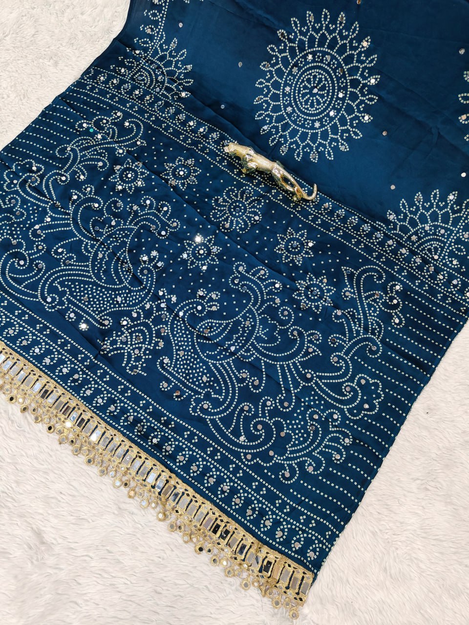 Premium Japan Satin Semi Gajji Silk Bandhani Saree with Peacock Pallu &amp; Mirror Lace Border